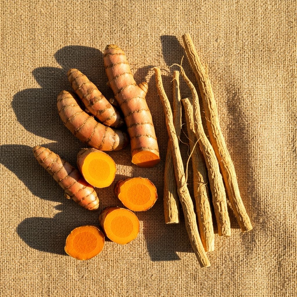 Ashwagandha roots and turmeric rhizomes on natural background